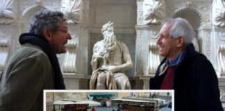 Antonio Forcellino durante la visita in anteprima del restauro del Mosè di Michelangelo nella Basilica di San Pietro in Vincoli a Roma