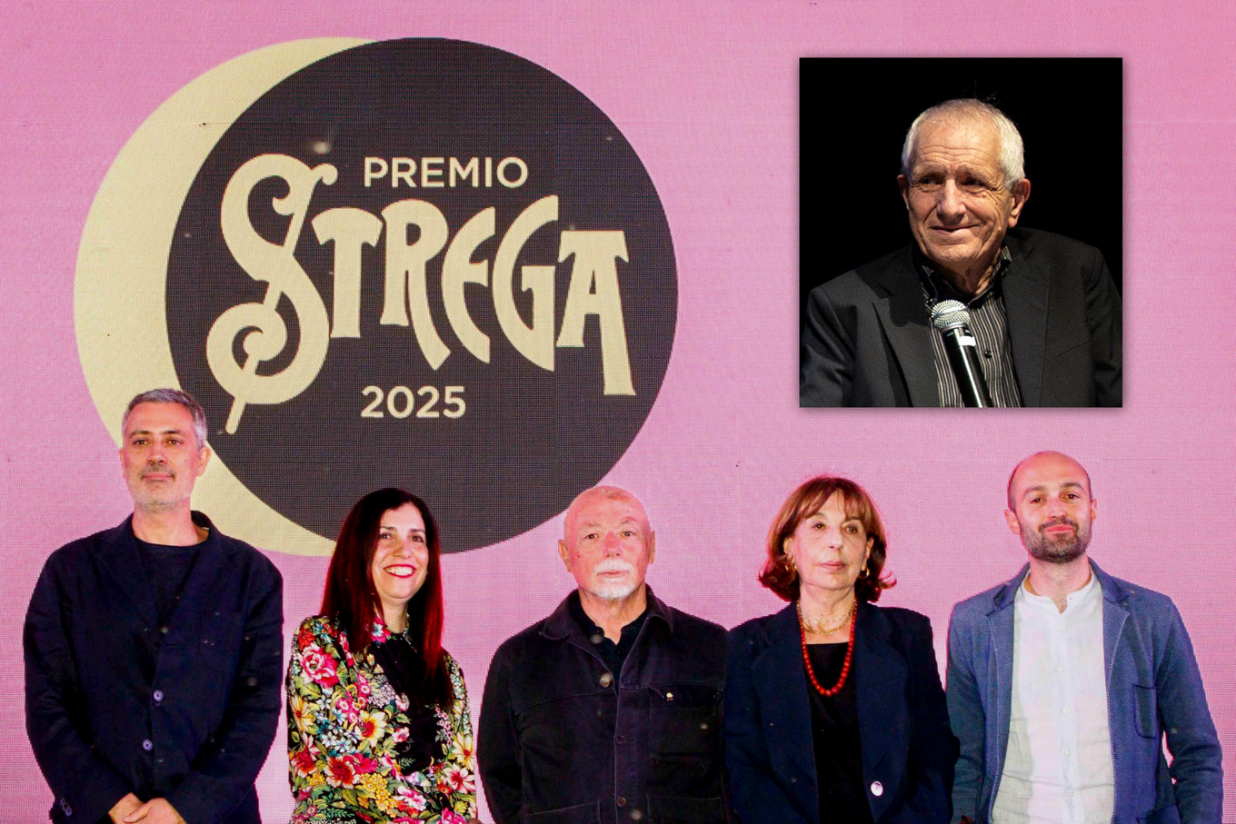 I finalisti del Premio Strega, da sin. foto Musa, Andrea Bajani, Nadia Terranova, Paolo Nori, Elisabetta Rasy e Michele Ruol, partecipanti all’incontro che si svolge a San Benedetto del Tronto lunedì 23 giugno 2025 condotto da Roberto Ippolito (nel riquadro, foto Mauro Boni 3C)